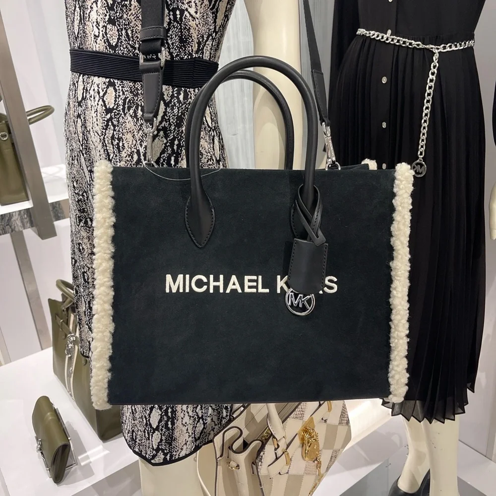 MICHAEL KORS Mirella Medium Suede and Faux Shearling Tote Bag Black  NWT